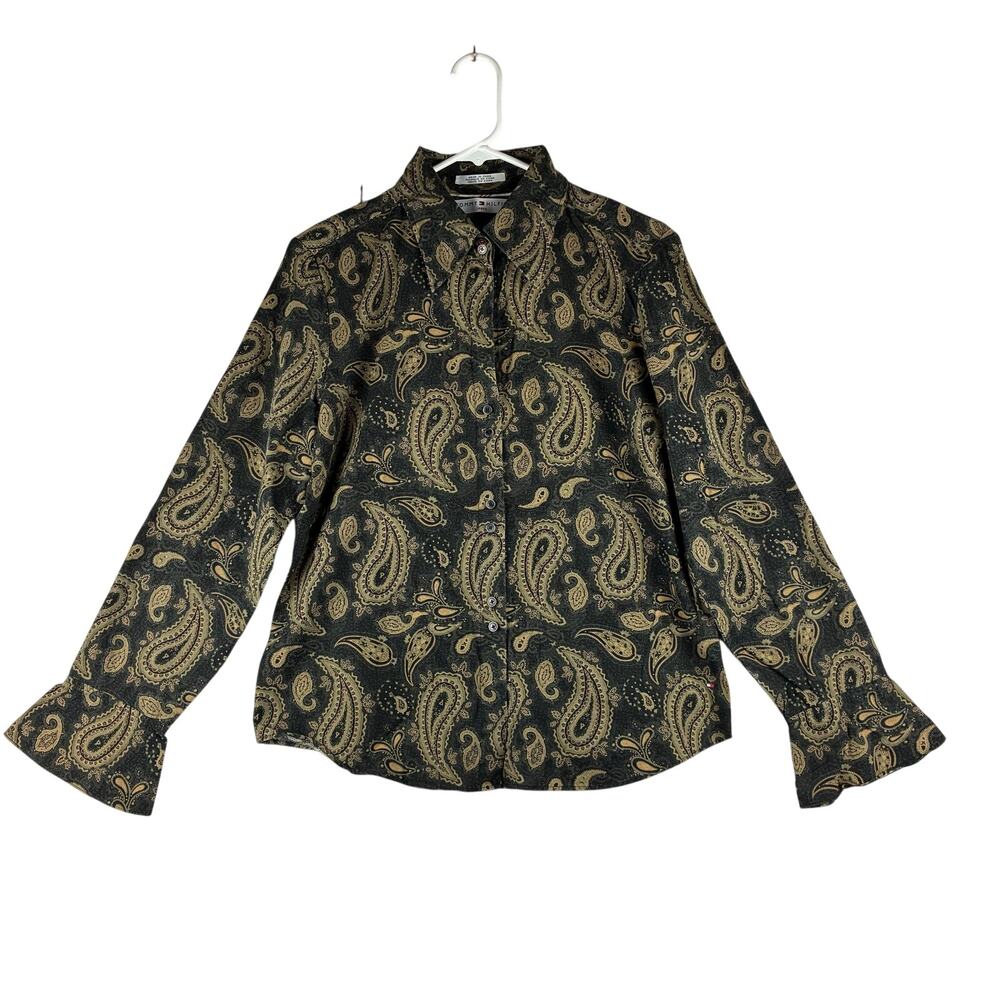 Tommy Hilfiger Jeans Button Down Shirt Women's Large Paisley Flare Sleeve Preppy